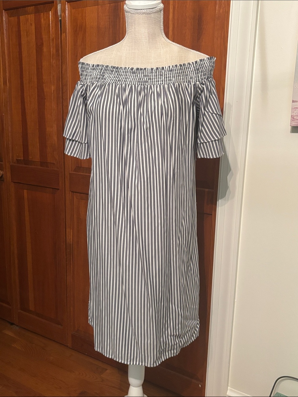 Old Navy Blue and White Striped Off-Shoulder Dress